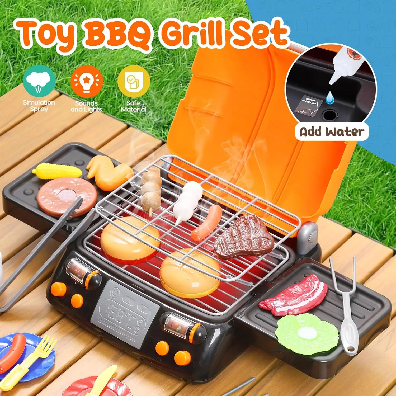 CUTE STONE 2-Layer BBQ Toy Set, Kids Grill with Food, Smoke Sound & Light, Camping BBQ Gift 3