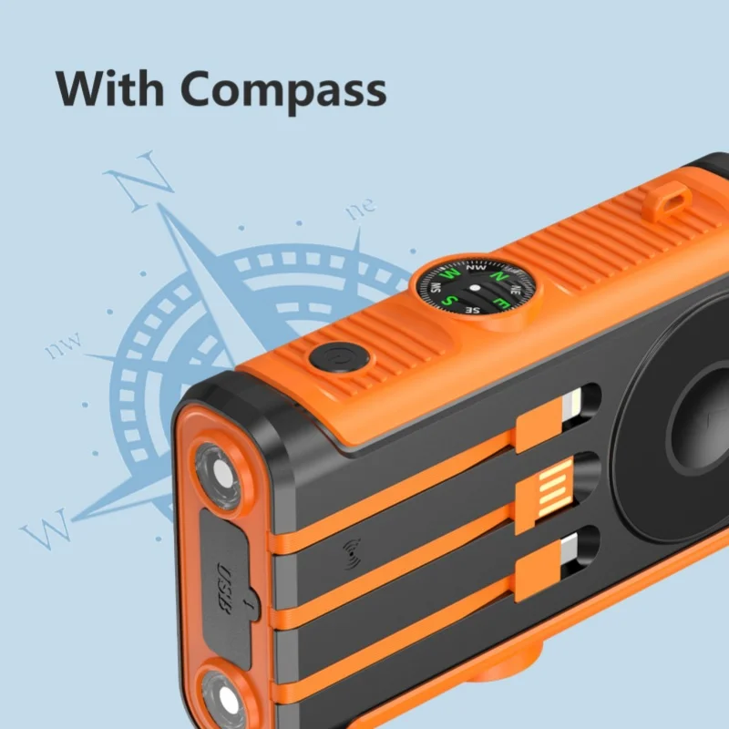 20000mAh Hand Crank Solar Power Bank Dual USB with Camping Light Powerbank Wireless Charging for iPhone 16 15 iwatch Waterproof 4