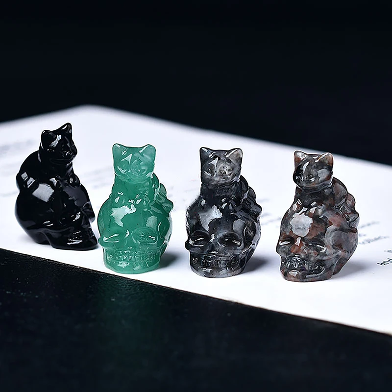 천연 크리스탈 해골 고양이 조각 유령 머리 명상 스톤, 크리스탈 홈 장식, 할로윈 공포 공예 장식품, 1 개, 3cm