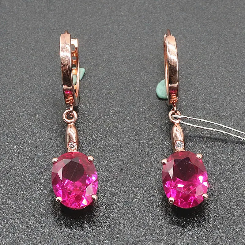 

585 purple gold plated 14K rose gold inlaid ruby oval earrings for women classic series light luxury fashion wedding jewelry