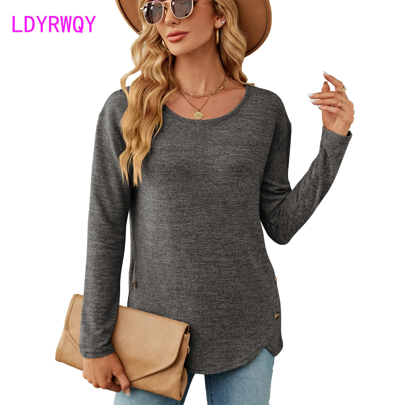 

2023 Autumn/Winter New Solid Loose Round Neck Long Sleeve Split Button T-shirt for Women