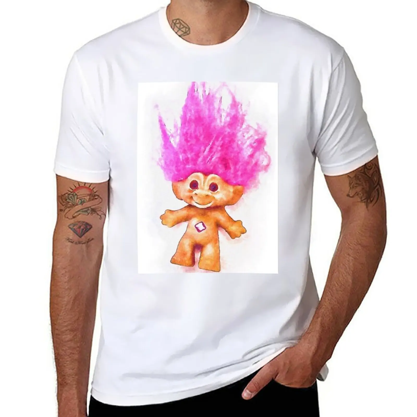 New Pink Luck Troll Doll Acquerello T-Shirt Hippie Clothes Cute Clothes T-Shirt Short Mens White T-Shirt