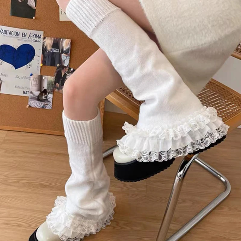 

Women Lace Ruffle Knitted Leg Warmers Y2K Aesthetic Punk Gothic Lolita Kawaii Boot Cuffs Stockings for Autumn Winter JK Socks