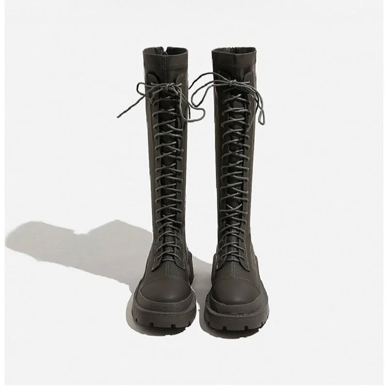 2022 Elegant Ladies Knee-High Boots Lace Up Round Toe Outdoor Female Casual Shoes Cross-tied Zippers Fashion Women Long Boots