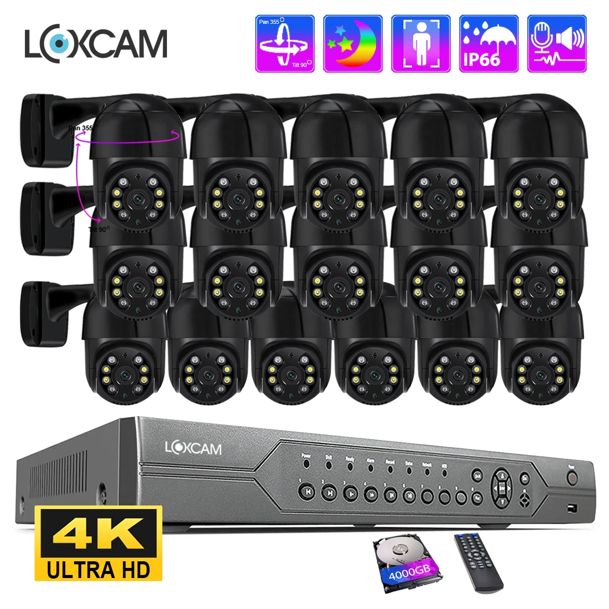 

LOXCAM 16CH 4K PTZ Security Ip Camera System 5MP Ai Auto Track AI Human Detect Outdoor Two Way Audio CCTV Video Surveillance Kit