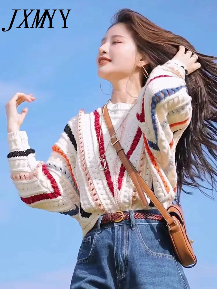 

JXMYY Модный Новый Цветной полосатый свитер Топ 2024 Повседневный Свободный пуловер ленивое осеннее и зимнее пальто для женщин