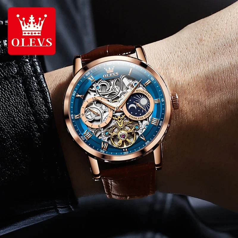 OLEVS 6670 Mechanical Fashion Watch Genuine Leather Watchband Round-dial Moon Phase Month Display 5