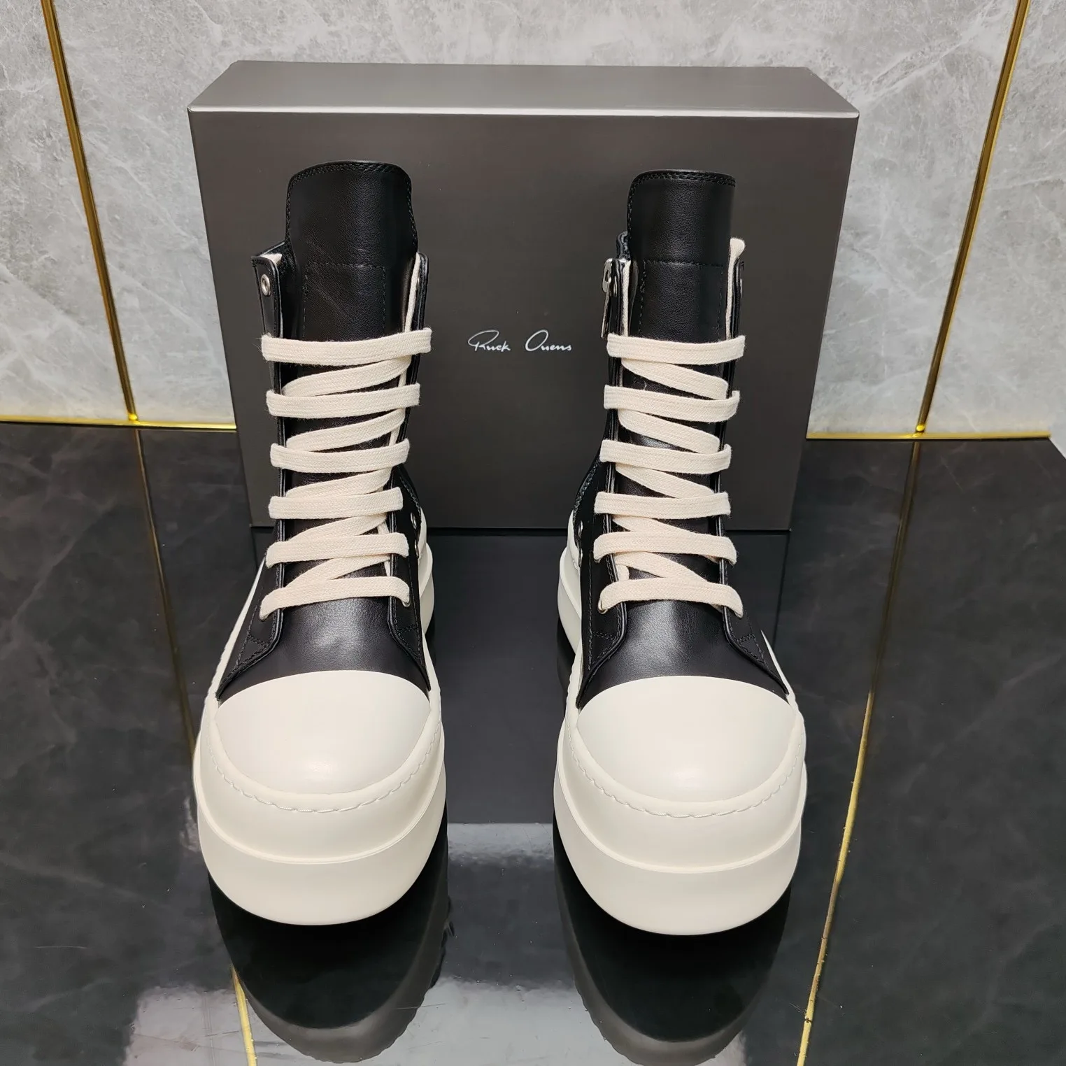 Ricks shoes niche shoes black zipper high-top Joker casual increase leather thick soleplate shoes