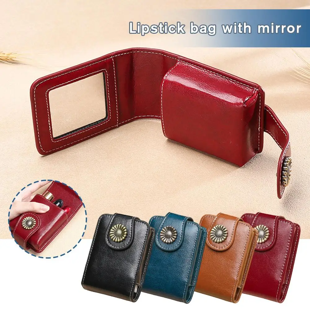 Leather Portable Lipstick Organizer Case with Mirror
