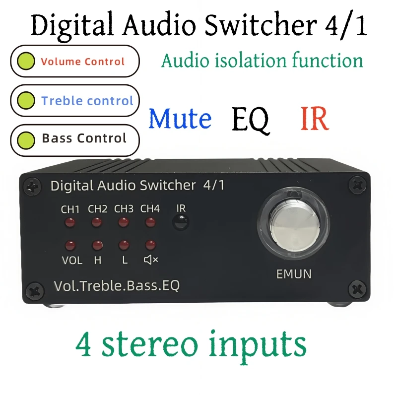 Analog Audio Switcher 4-in-1 Out Stereo Audio Selector with IR Remote ...