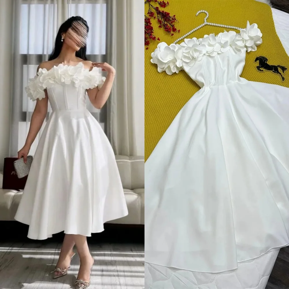 Jiayigong  Satin Flower Ruched Party A-line Poretrait Bespoke Occasion Gown Midi Dresses