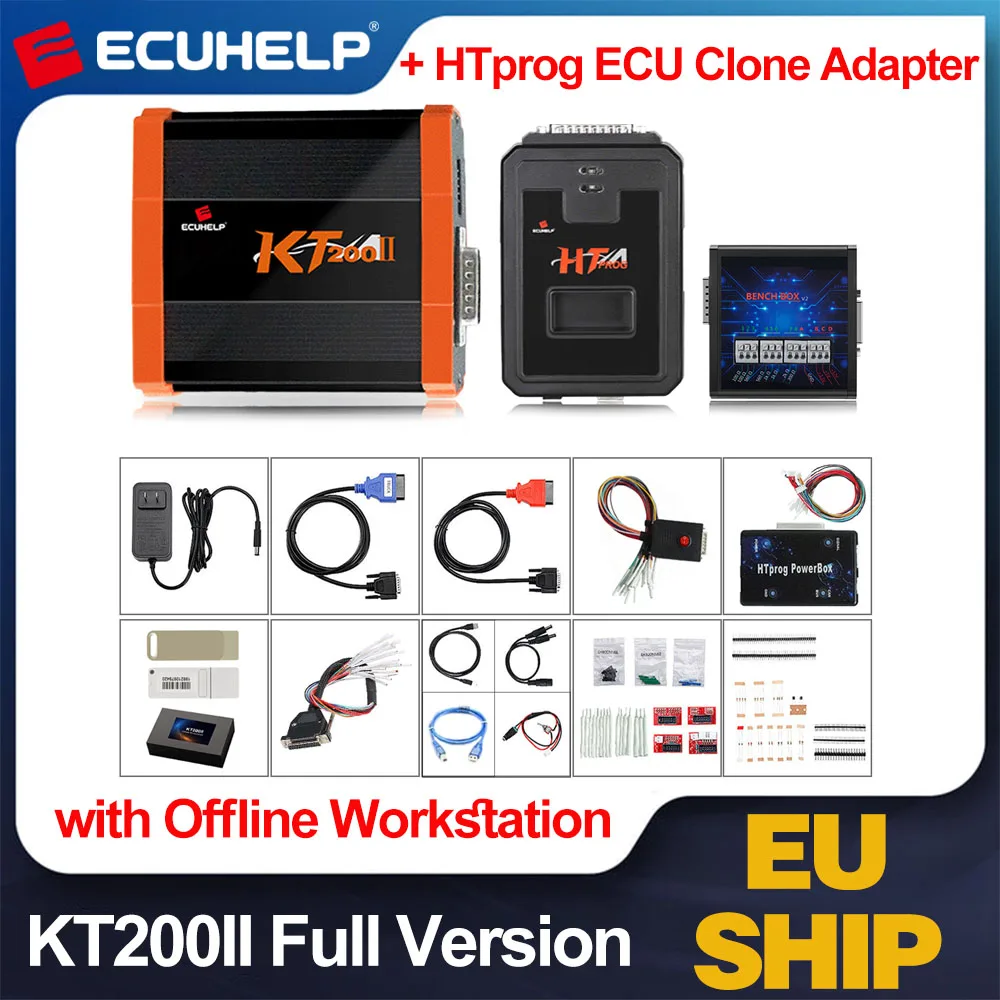 ECUHELP KT200II OBD2 ECU 프로그래머 풀 마스터, 오프라인 워크스테이션, HTprog ECU 클론 어댑터, 파워 박스, OBD BOOT BDM 포함