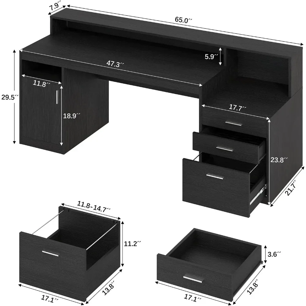Computer Desk with 3 Drawer Storage Shelves, Home Office Desk with File Drawer Cabinet, Writing Study Table with Long Monitor 2