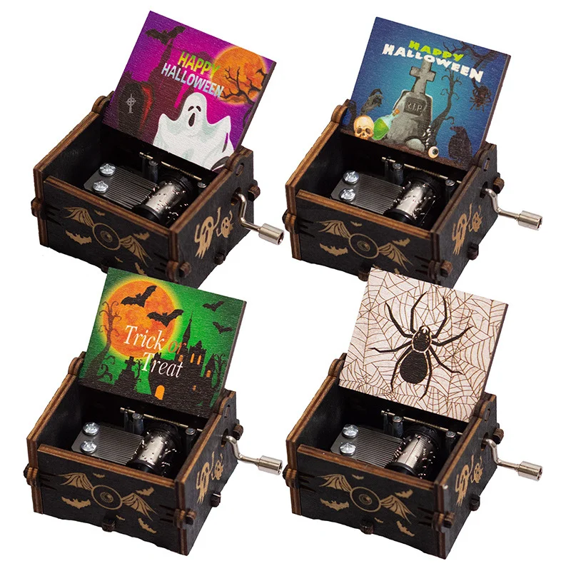 Halloween Wooden Hand-cranked Music Box, Horror Night Painted Music Box, Wooden Pumpkin Ornament, Ghost Festival Gift, Music Box 5