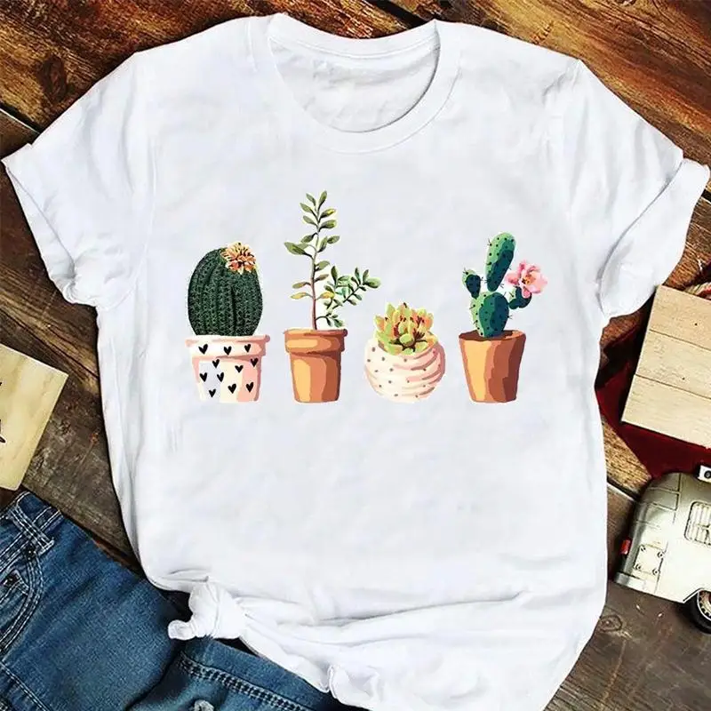 

Women Fashion 90s Cactus Cute Plant Short Sleeve Summer Tshirts Fashion Trend Graphic T Top Lady Print Travel Tee T-Shirt