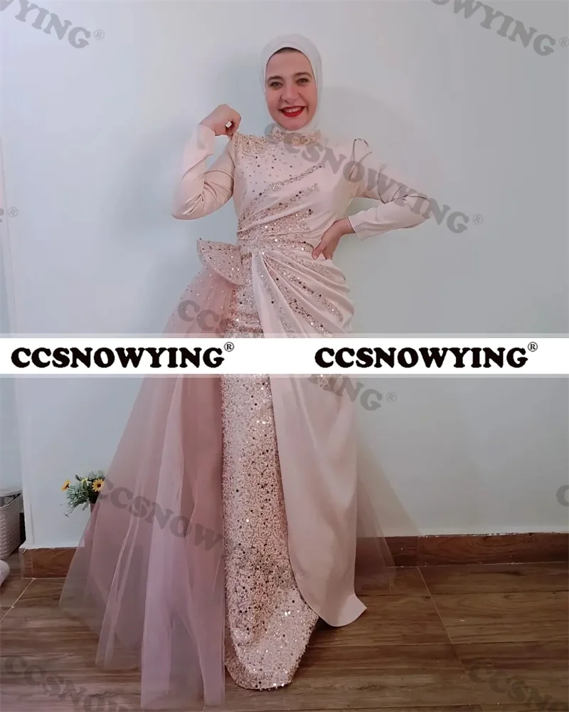 

Pink Satin Sequin Hijab Muslim Evening Dresses Long Sleeve Islamic Formal Party Gown Arabic Kafatn Women Robe De Soiree