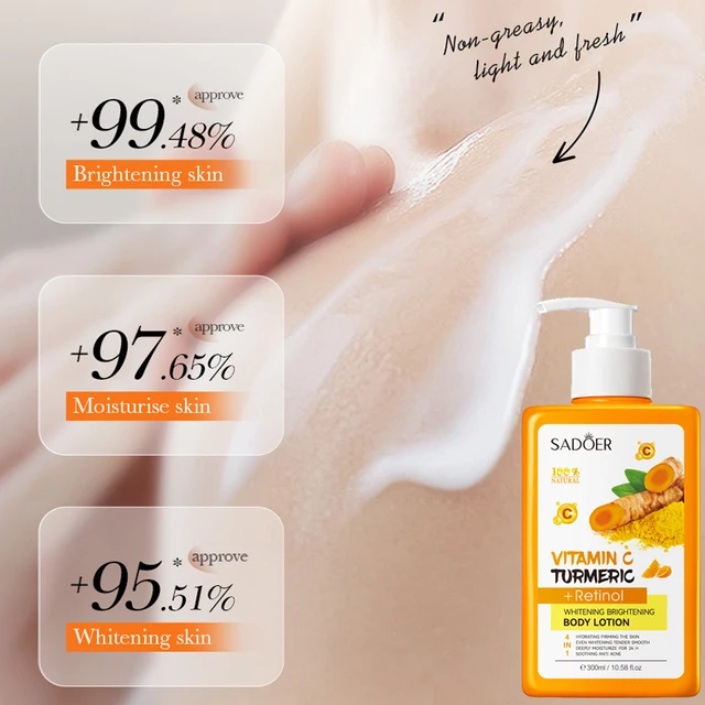 300ml Crema per il corpo alla curcuma Macchie scure Lozione sbiancante Vitamina C Crema idratante per il viso Tenera rassodante Cura della pelle del corpo 3