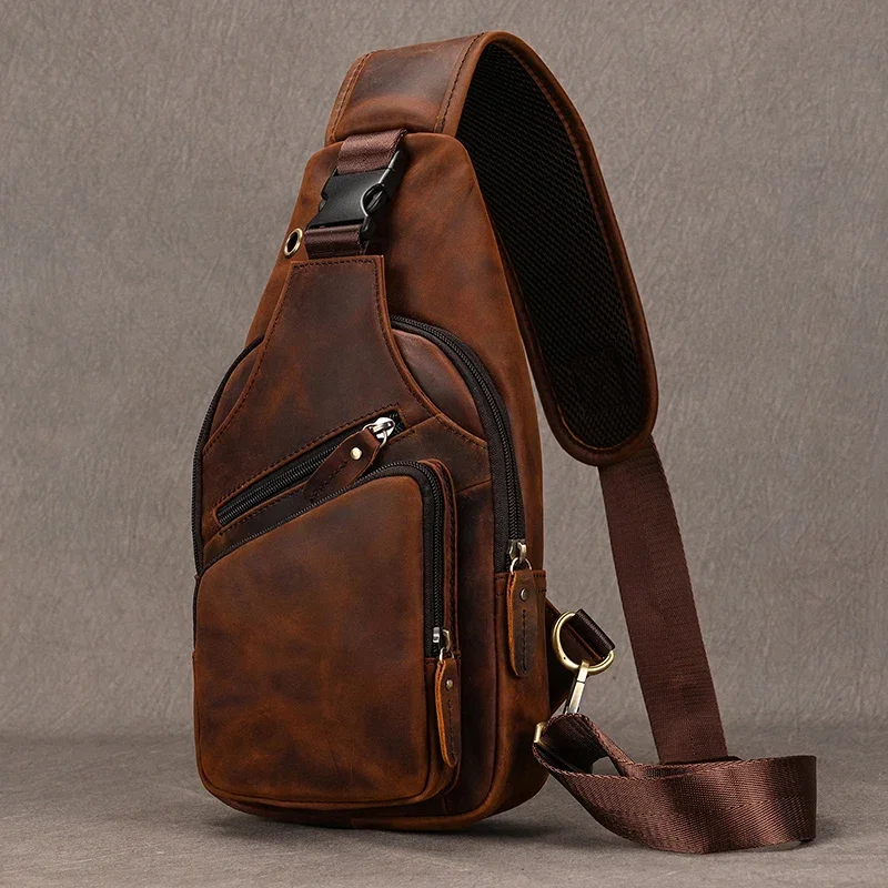 Genuine Leather Chest Bag for Men Outdoor Gym Sport Riding Biking