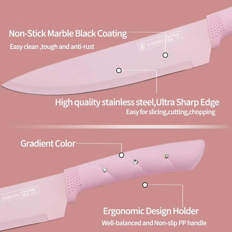 Pink)Colorful 6 Piece Knife Set Stainless Steel Practical Kitchen Knife Set