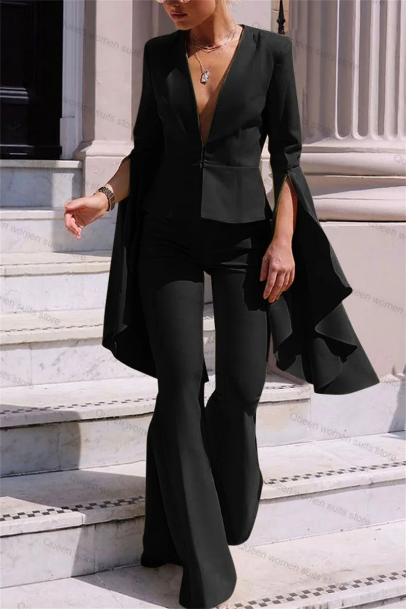 

Luxury Black Women Suits Pants Set 2 Pieces Blazer+Trousers Wedding Tuxedo Formal Tailored Size Split Full Sleeves Jacket Coat