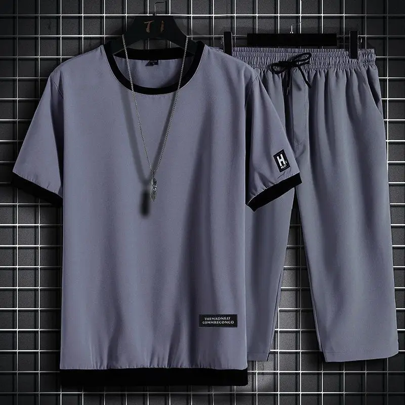 Ice Refreshing Thin Style Solid Color Round Neck Short Sleeved T-shirt Men Summer 2024 New Ice Shreds Casual Loose Two Piece Set