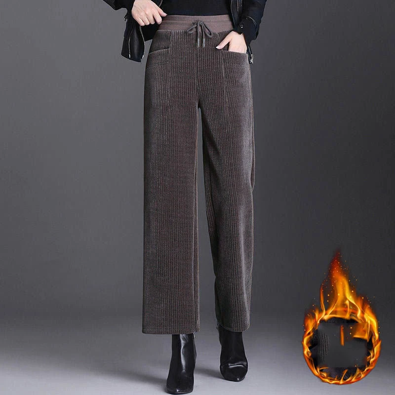 Fleece Lined Winter Wide Leg Pants Women Casual Lace Up High Waist Corduroy Baggy Trousers Oversized Straight Ankle-Length Pants