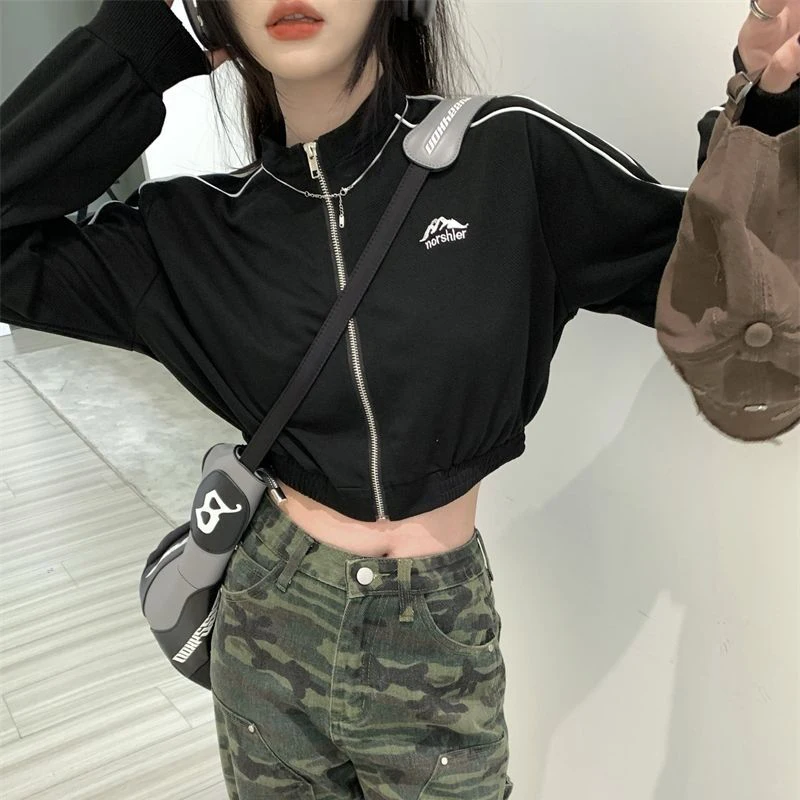MEXZT Streetwear Women Vintage Cropped Zip Up Sweatshirt Fashion Casual Loose Long Sleeve Outwear Korean Lady Spring  Clothes
