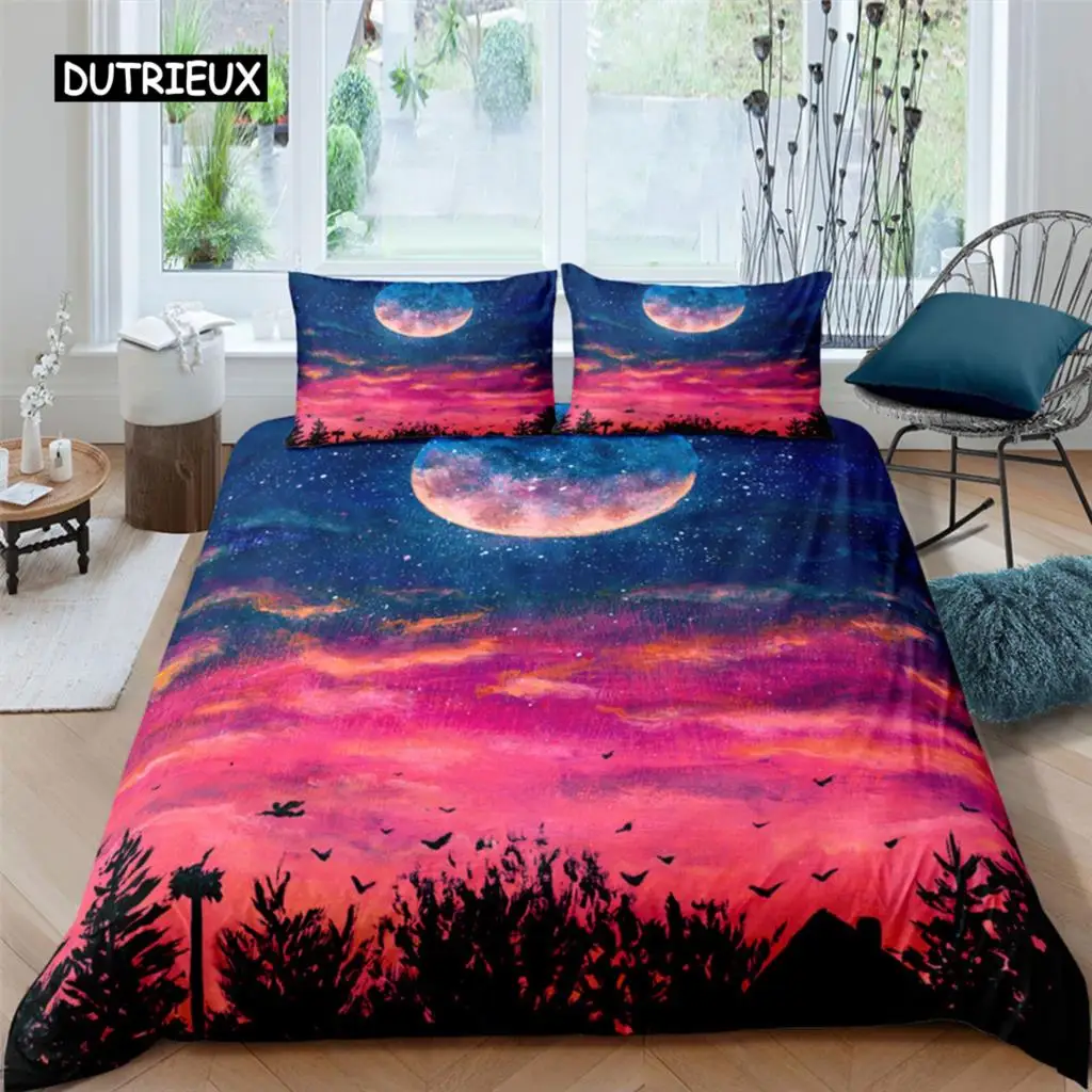 

Moon Night Scene King Queen Duvet Cover Red Dark Sky Sunset Clouds Bedding Set Teens Adults Forest 2/3pcs Polyester Quilt Cover