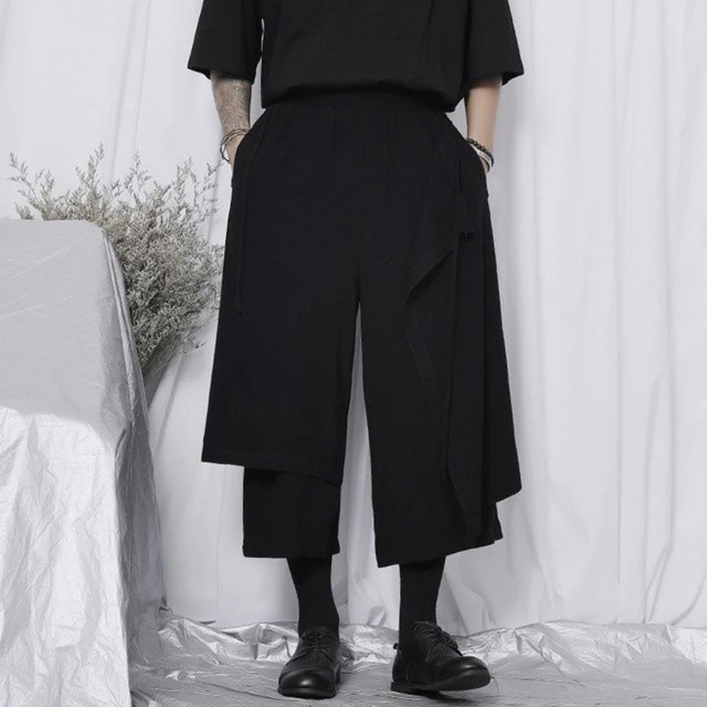New Summer Japanese Casual Pants Men's Trendy Street Y2k Loose Strap Wide-leg Pants Neutral Double-layer Eight-point Pantalones