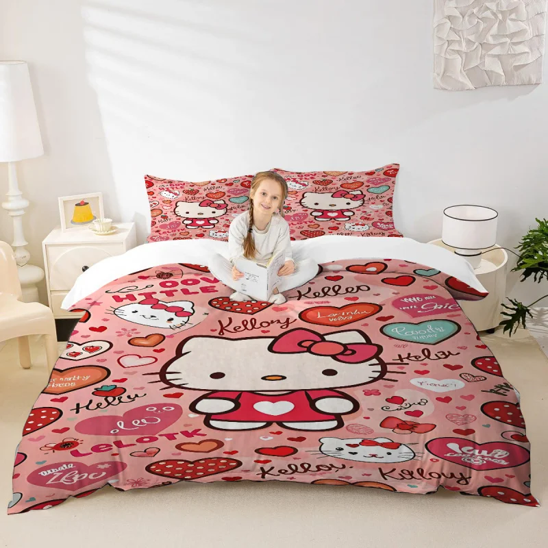 Sanrio Hello Kitty Leopard Print Bedding Set 3pcs King Size Duvet Cover Set Cartoon Cute Bed Linen for Kids Girls Bedroom Decor 6
