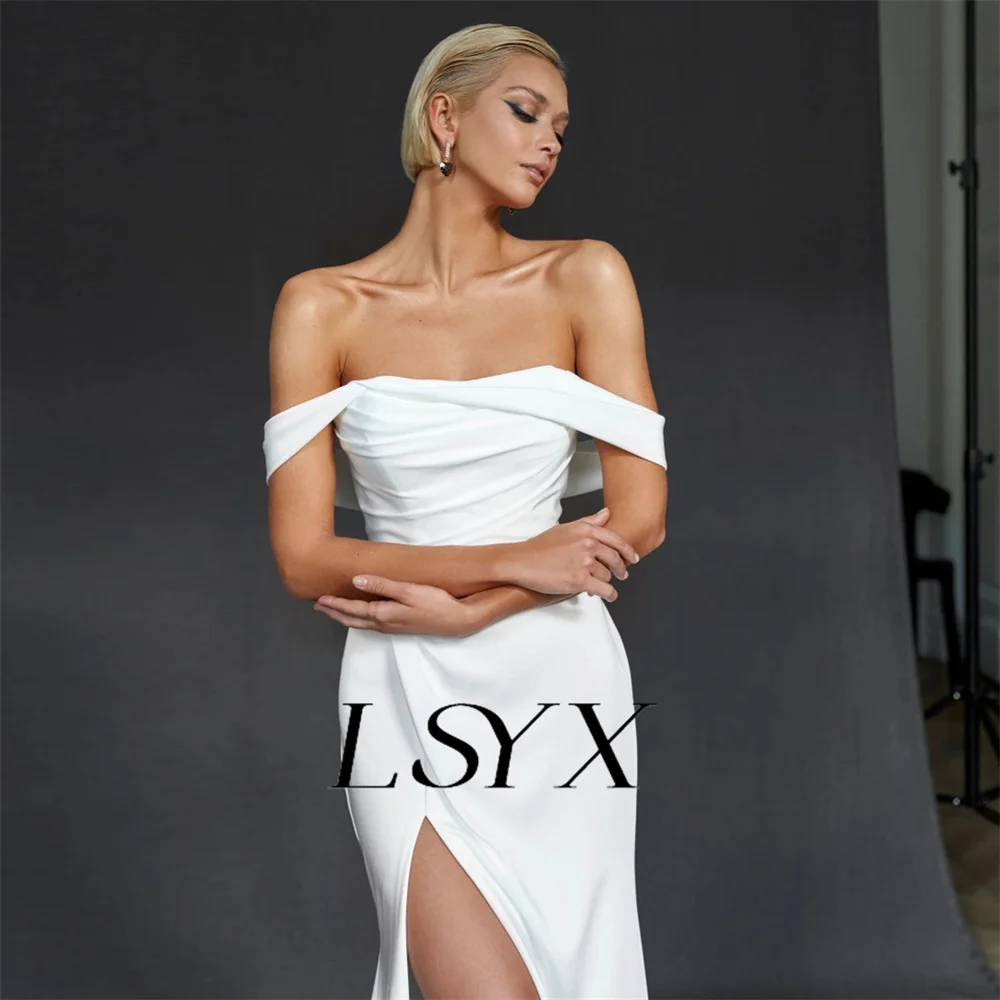 LSYX Boat Neck Off-Shoulder Crepe Pleat White Wedding Dress High Side Slit Zipper Back Court Train Bridal Gown Custom Made