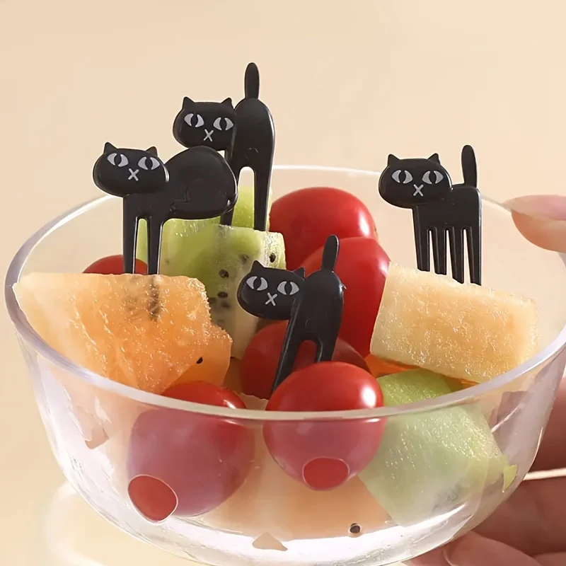 6 Stück/Set Schwarze Katzen-Fruchtgabeln, Mini-Cartoon-Snack-Kuchen-Dessert-Gabeln, Bento-Lunch-Zubehör, Küchenutensilien für – Detail 2