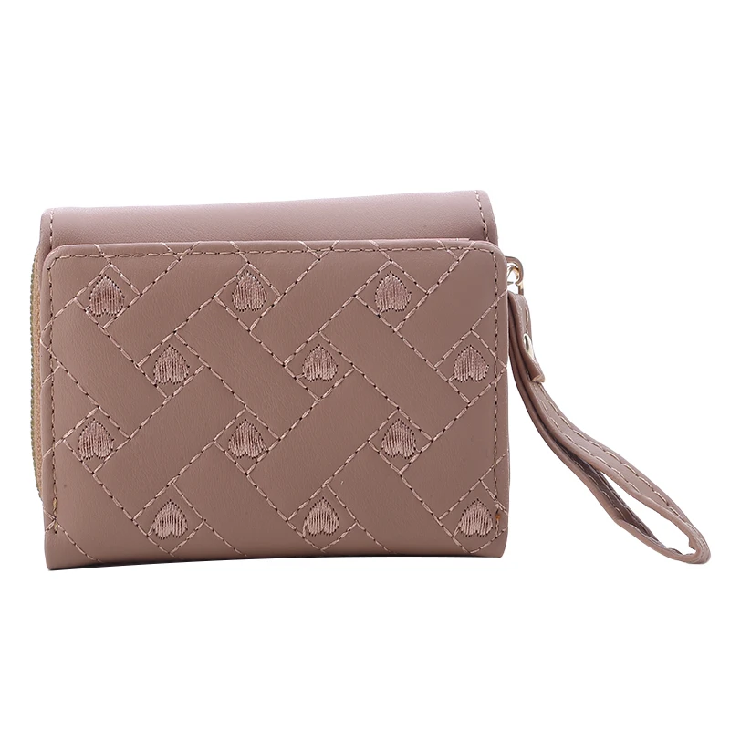 Women's Tri-Fold Wallet with Embroidered Love Pattern - Korean Minimalist Design