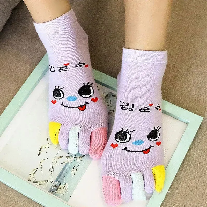 Autumn and Winter Five-finger Socks WOMEN'S Cotton Short Socks Cartoon Toe Deodorant Absorbent