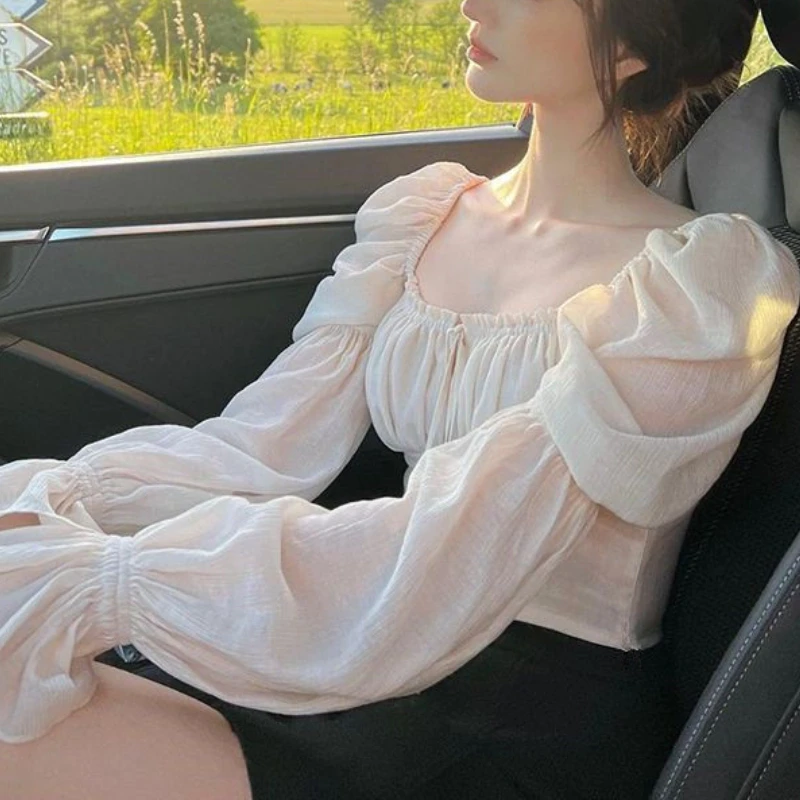 Flare Sleeve Blouses Women Sexy Crop Tops Temper Summer Holiday Lady Solid Aesthetic Basics Square Collar Clothing Vintage Daily