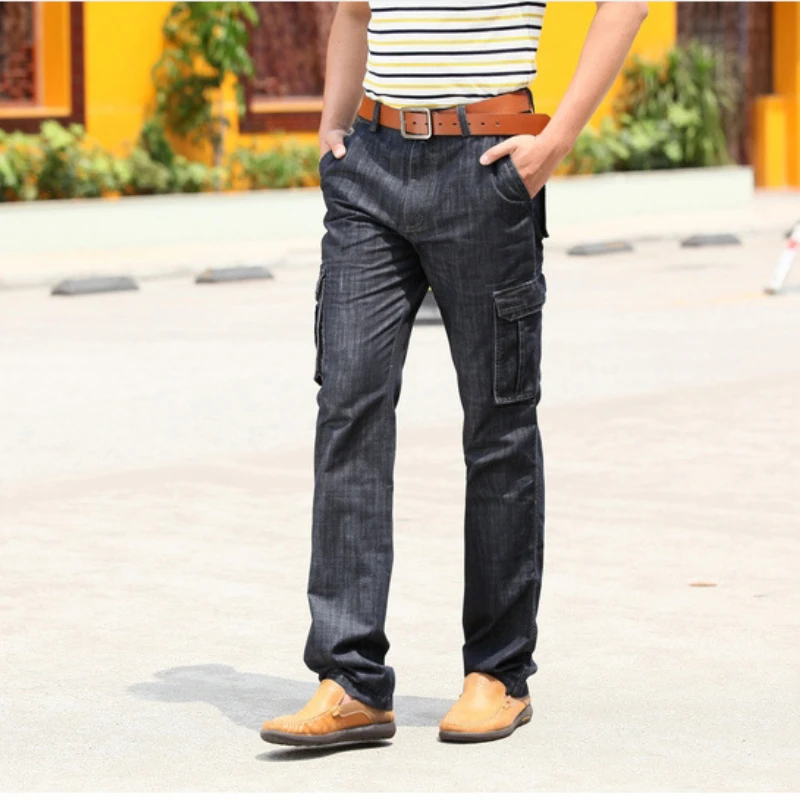 

High Quality Fashion Men's Workwear Jeans Straight Loose Multi Pocket Long Denim Pants