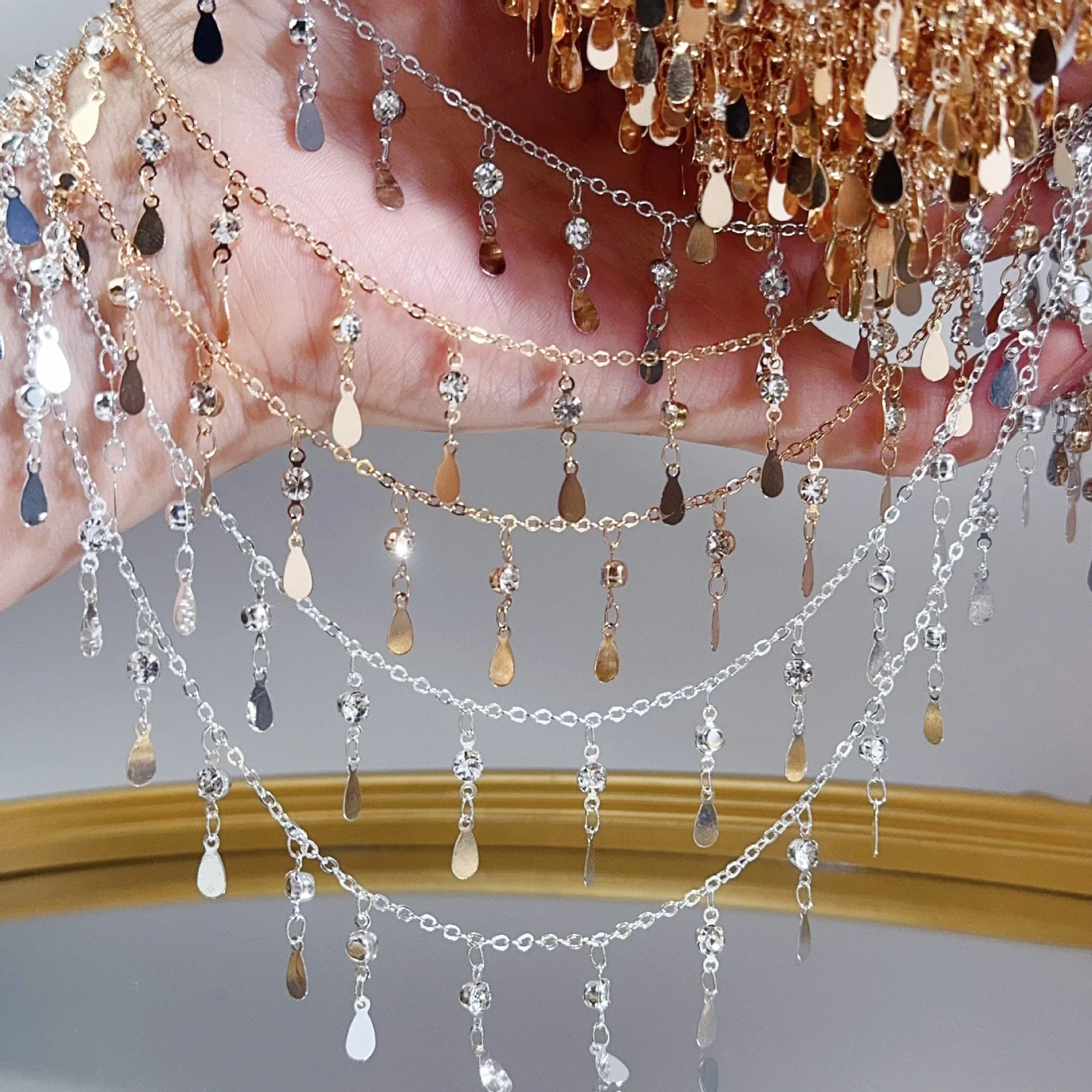 Rhinestone Pendant Copper Chain with Crystal Droplet Charms for DIY Necklace Crafting