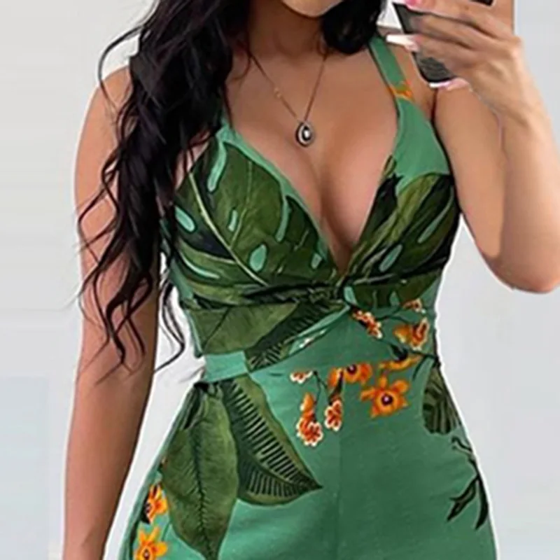 

Wepbel Sling High Waist Straight Jumpsuit Rompers Summer Printed Sexy Jumpsuits Women V-neck Tank Tops Wide Leg Pants Jumpsuits