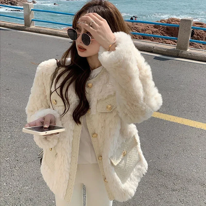 Lucyever Korean Fashion Lamb Wool Coats Women Streetwear O-Neck Faux Fur Jackets Woman 2022 Autumn Winter Thick Warm Plush Coat