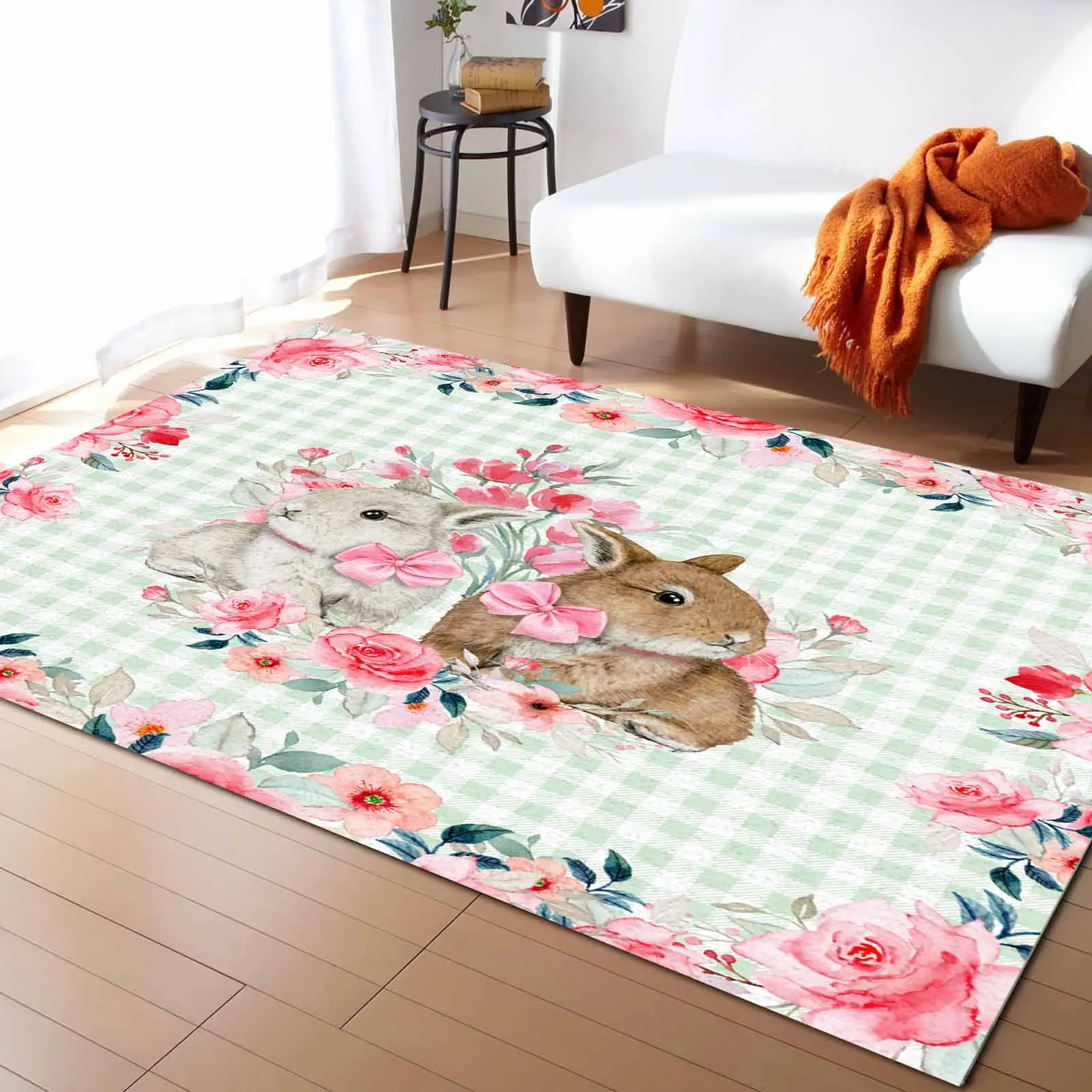 

Vintage Rabbit Easter Flower Plaid Living Room Floor Mat Children's Bedroom Bedside Carpet Kitchen Door