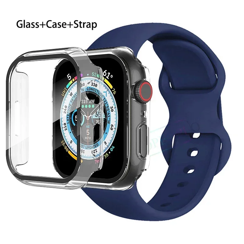 Premium Silicone Apple Watch Band with Glass Case and Strap - Compatible with All Series