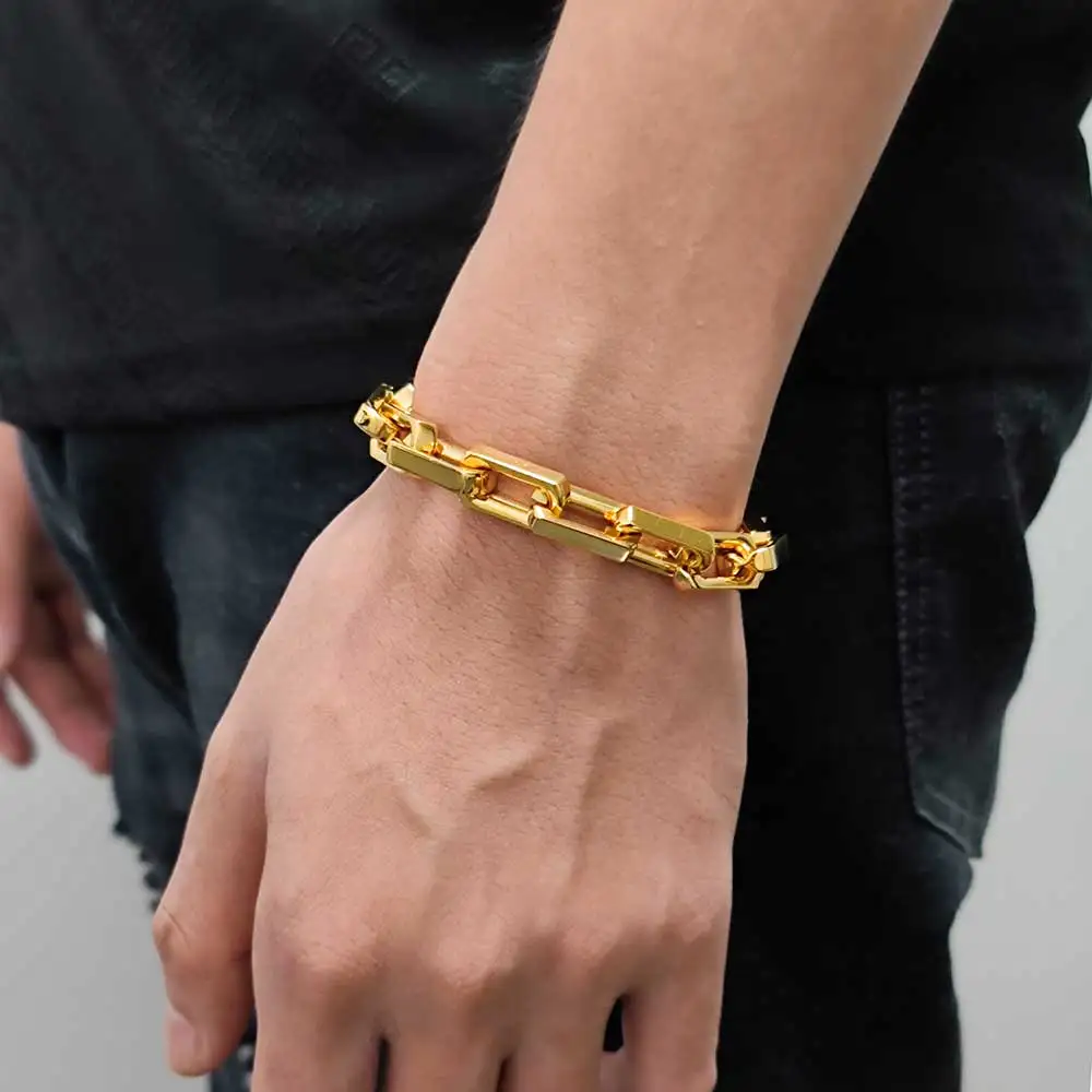Flat Byzantine Bracelet Stainless Steel - Chunky Chain Curb Link, Unisex, Water Resistant, 9 Inch