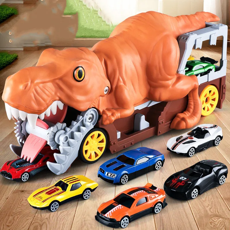 Dinosaur Truck Toy Light&Music Dinosaur Devouring Vehicles Jurassic Dinosaur Swallowing Eating Cars Playset with 6 Alloy Cars eborui hg 883 dinosaur helicopter automatic transform dinosaur helicopter toy kids birthday gift toy 360° spin led light music