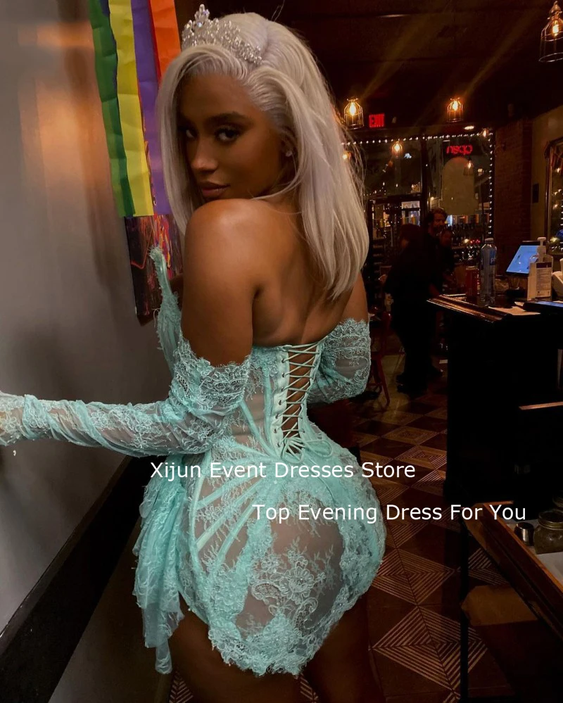 Romantic Lace Sexy Evening Dress Strapless Half Sleeves Summer Short Prom Gowns Saudi Arabia For Special Occasion Plus Size women prom dresses