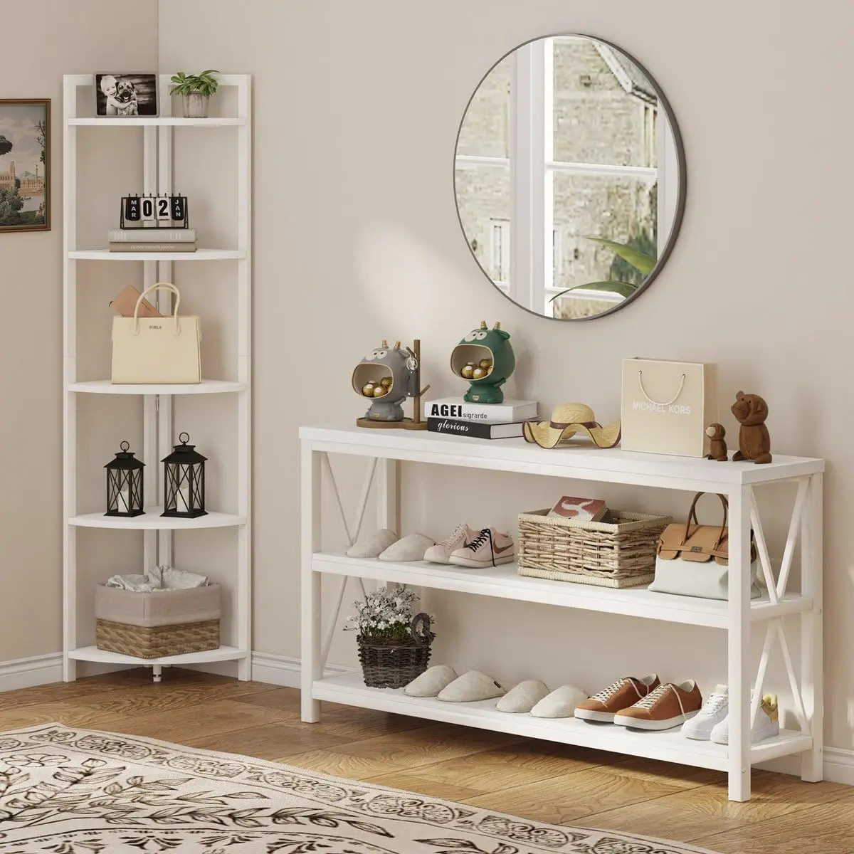 Tall Corner Shelf, 5 Tier Modern Corner Bookshelf Stand, Wood and Metal Plant Bookcase