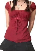 T-shirt en dentelle douce esthétique des années 2000 pour femmes, proximité désactivée, t-shirt Wstring, mode coréenne féminine, nickel é, streetwear grunge 4