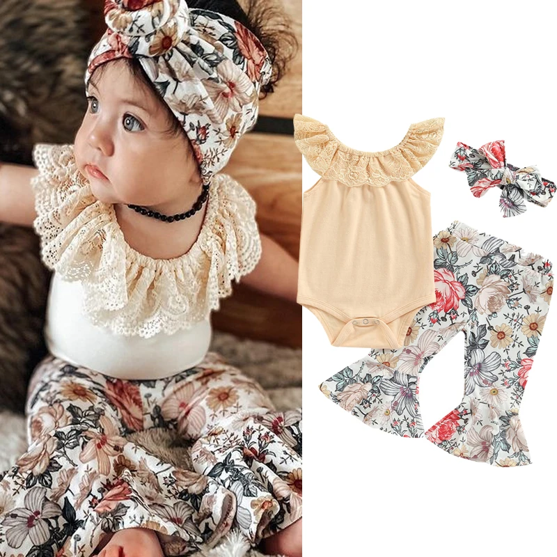 Lovely Infant Baby Girls Summer Clothes Solid Lace Flower Ruffles Bodysuits Tops+Floral Print Flare Long Pants Casual Outfits baby clothes set gift