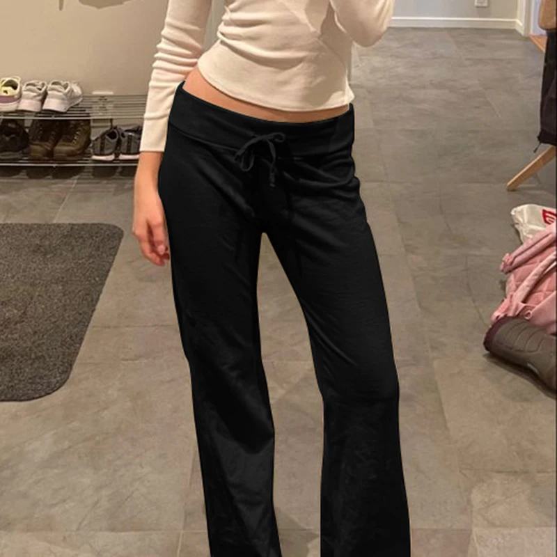 Cuteandpsycho Casual Solid Basic Pants Y2K Chic Floor Length Bottoms Vintage Aesthetic Mid Waist Drawstring Straight Trousers 6