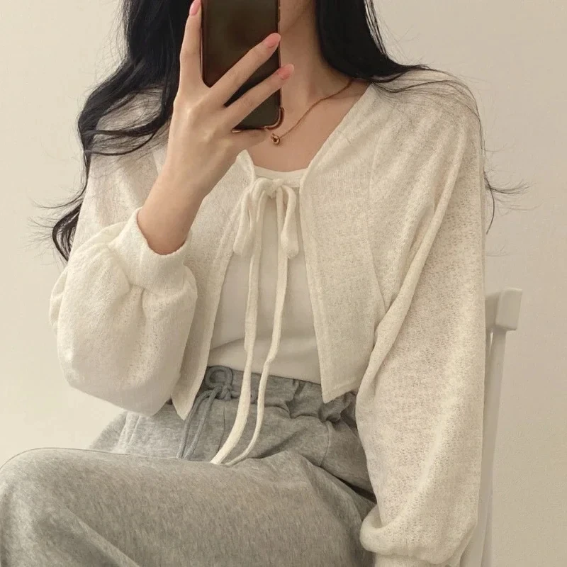 Thin White Cardigan Women Summer Sunscreen Lace-up Knitwear Tops Lady Korean Style Casual Lantern Sleeve Short Sun Protected Top 2