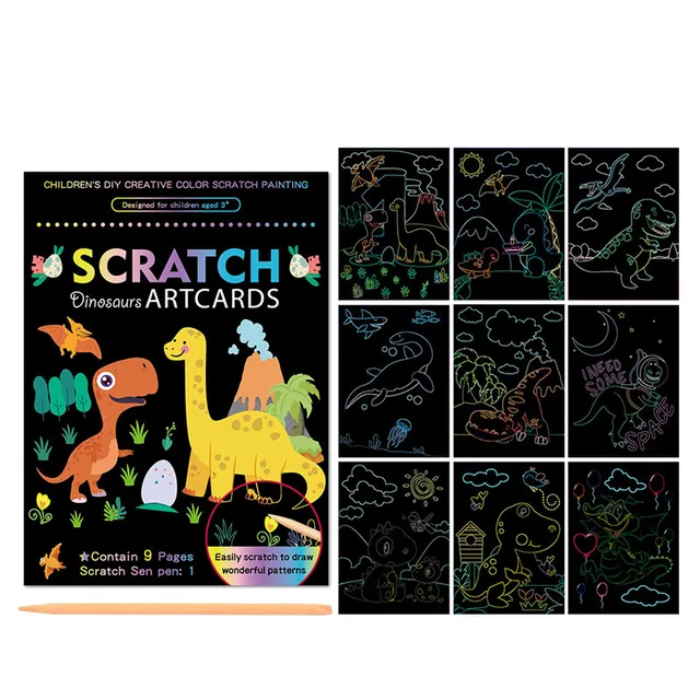Magic Rainbow Color Scratch Art Painting Paper Card Kit Cartoon Dinosaur Drawing Board Kids DIY Educational Toys Montessori Toys 5